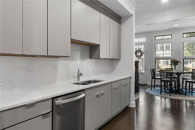 kitchen featuring gray cabinets, dishwasher, dark hardwood / wood-style flooring, and sink