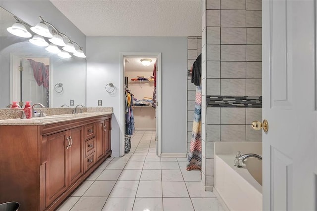 151 River Park Cir, Mcdonough, GA 30252 - full bath with a bath, double vanity, tile patterned floors, a textured ceiling, and a shower with shower curtain