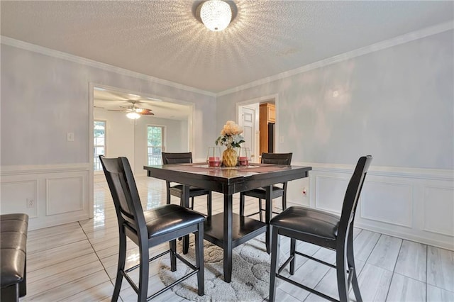 151 River Park Cir, Mcdonough, GA 30252 - dining space featuring a decorative wall, a textured ceiling, ornamental molding, and wainscoting