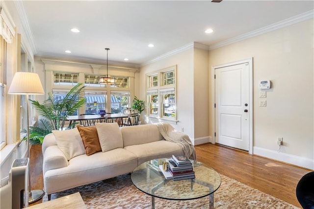 living room with hardwood / wood-style floors and ornamental molding