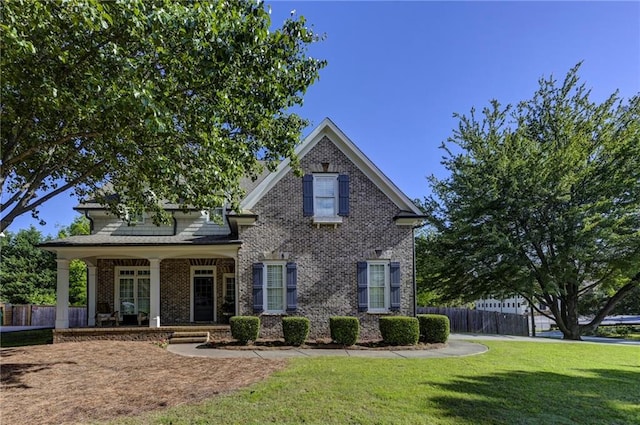 view of front facade featuring brick siding and covered porch