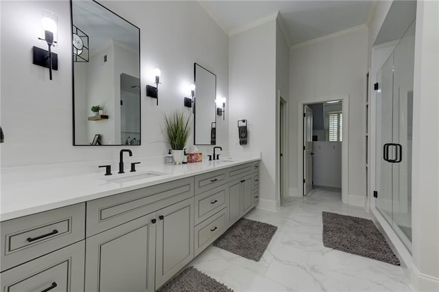 1892 Raven Hill Dr NE, Atlanta, GA 30319 - full bathroom with a shower stall, double vanity, ornamental molding, marble finish flooring, and baseboards