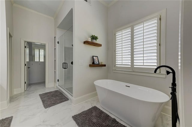 1892 Raven Hill Dr NE, Atlanta, GA 30319 - bathroom featuring marble look tile flooring, baseboards, ornamental molding, a shower stall, and a freestanding tub