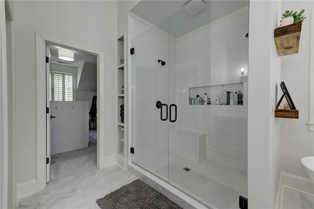 1892 Raven Hill Dr NE, Atlanta, GA 30319 - bathroom with marble look tiles, a stall shower, and baseboards