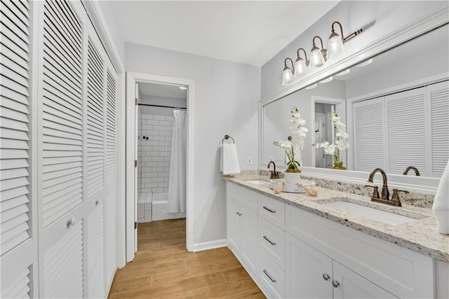 full bath featuring double vanity, wood finished floors, a closet, and a sink