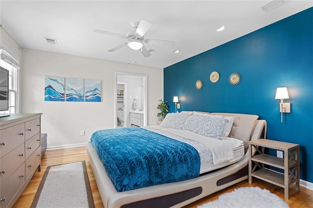 1959 Audubon Dr NE, Atlanta, GA 30329 - bedroom featuring light wood-style flooring, recessed lighting, ceiling fan, and connected bathroom