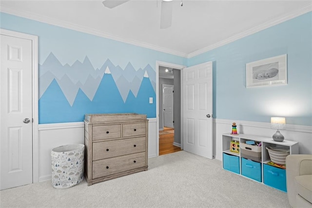 1959 Audubon Dr NE, Atlanta, GA 30329 - carpeted bedroom with ornamental molding, ceiling fan, and a wainscoted wall