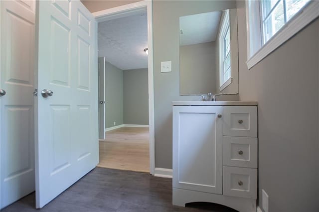 8211 Thompson St, Douglasville, GA 30134 - bathroom with vanity, a textured ceiling, baseboards, and wood finished floors
