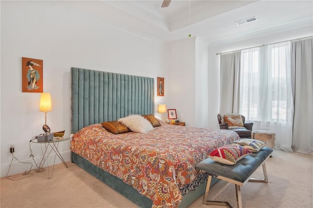 bedroom with a raised ceiling, ceiling fan, and carpet floors