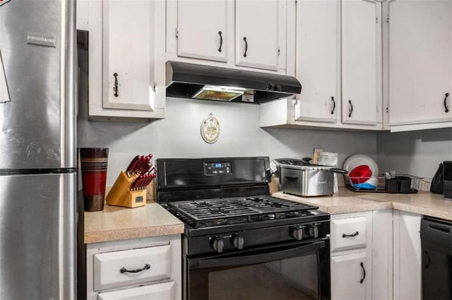 kitchen with under cabinet range hood, white cabinetry, black appliances, and light countertops