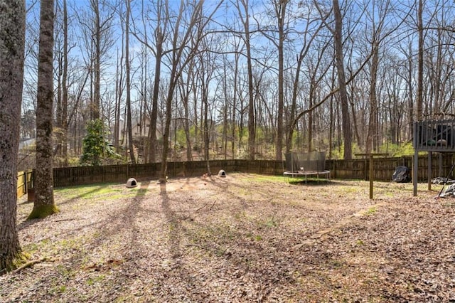 view of yard featuring a trampoline and a fenced backyard