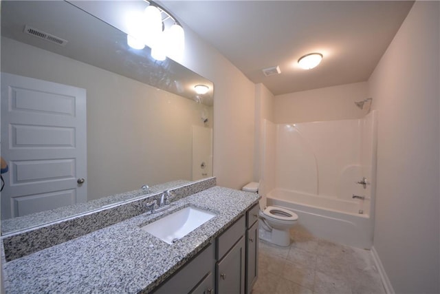 full bath featuring visible vents, vanity, toilet, and shower / bath combination