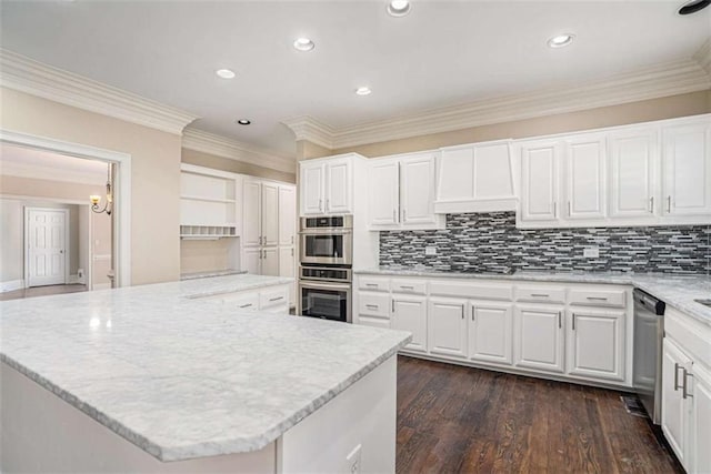 kitchen featuring stainless steel appliances, white cabinetry, dark wood-style floors, open shelves, and tasteful backsplash