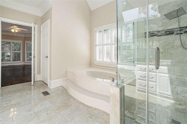 bathroom featuring crown molding, visible vents, a shower stall, baseboards, and a bath