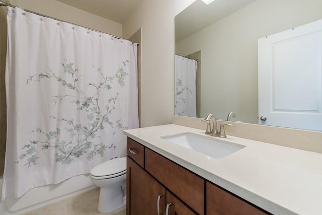 full bathroom with vanity, toilet, and shower / bathtub combination with curtain