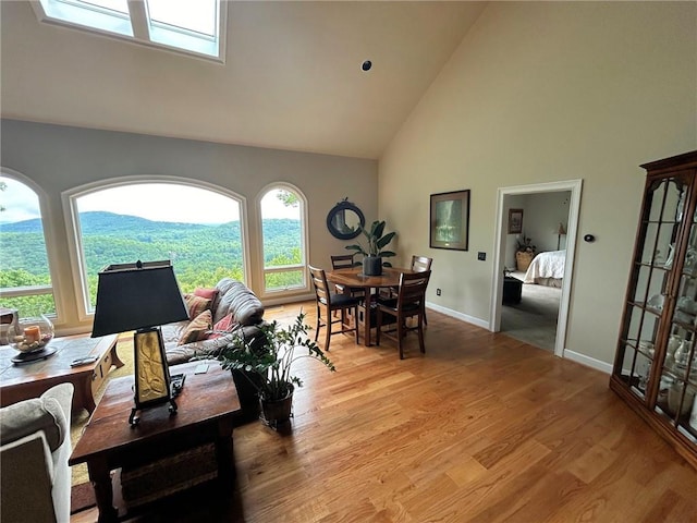 living room with high vaulted ceiling, light hardwood / wood-style floors, and a mountain view