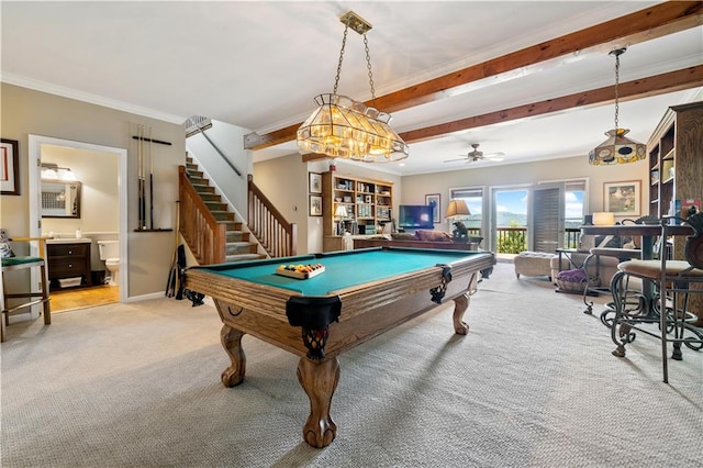 rec room with beam ceiling, billiards, ceiling fan, crown molding, and light colored carpet