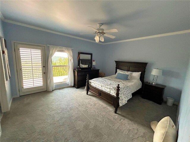 bedroom featuring ceiling fan, light carpet, access to outside, and ornamental molding