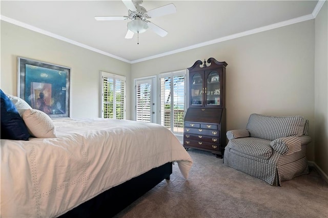 carpeted bedroom with ceiling fan, crown molding, and access to outside