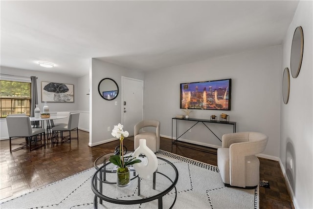 interior space featuring dark parquet flooring