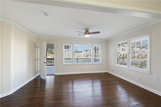 unfurnished room featuring a ceiling fan, baseboards, ornamental molding, and wood finished floors