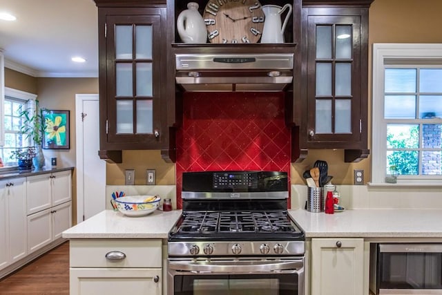 kitchen featuring plenty of natural light, stainless steel appliances, backsplash, and white cabinets