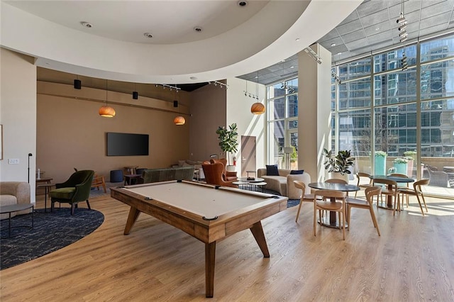 game room featuring a wealth of natural light, light wood-style flooring, and a wall of windows