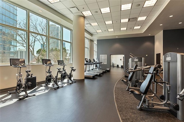 exercise room with a towering ceiling, a healthy amount of sunlight, and a drop ceiling