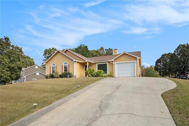 single story home with a garage and a front lawn