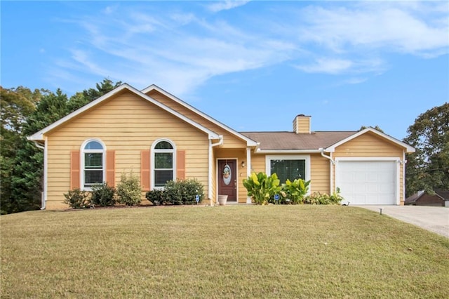 ranch-style house with a front yard and a garage