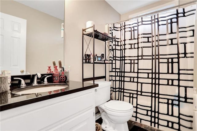 bathroom featuring toilet, vanity, and a shower with shower curtain