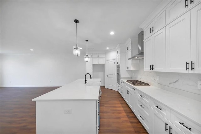 kitchen featuring sink, white cabinetry, wall chimney range hood, an island with sink, and stainless steel appliances