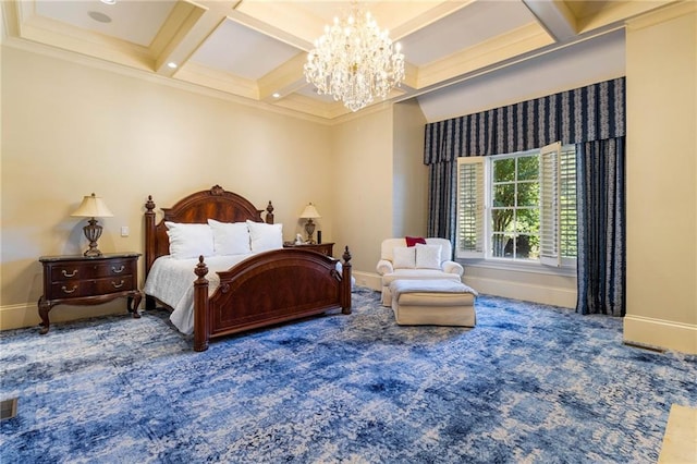 carpeted bedroom featuring coffered ceiling, a notable chandelier, and beam ceiling