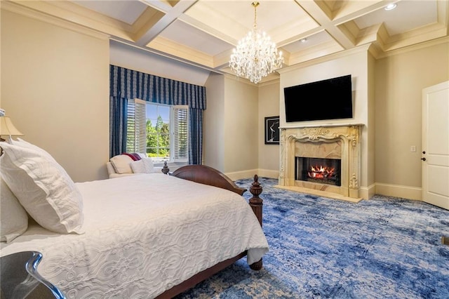 bedroom with coffered ceiling, a premium fireplace, and beamed ceiling