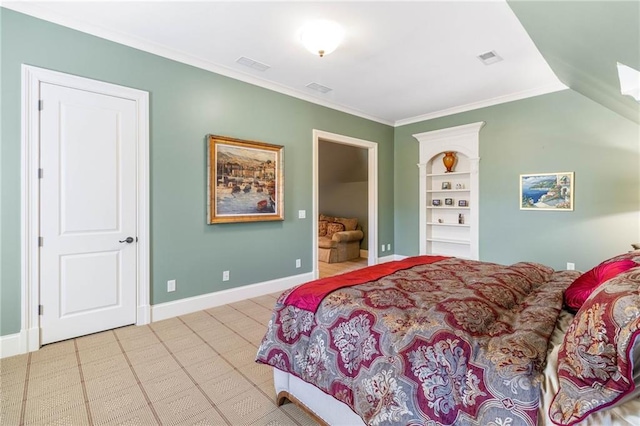 bedroom featuring lofted ceiling, ensuite bath, and ornamental molding