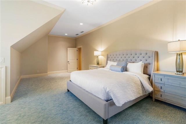 bedroom featuring ornamental molding and carpet flooring