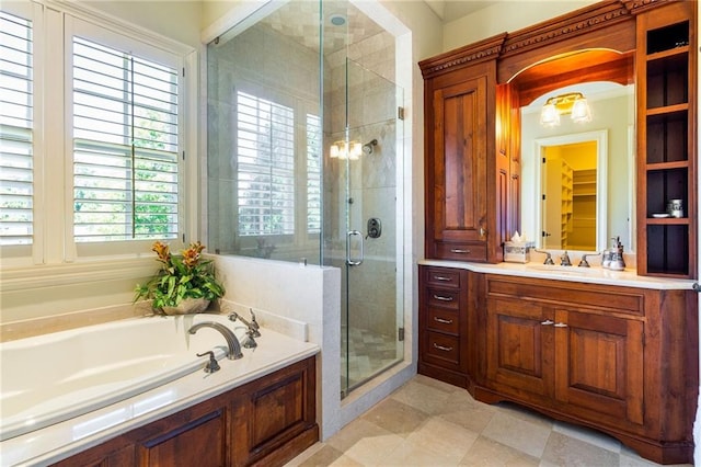 bathroom with vanity and plus walk in shower