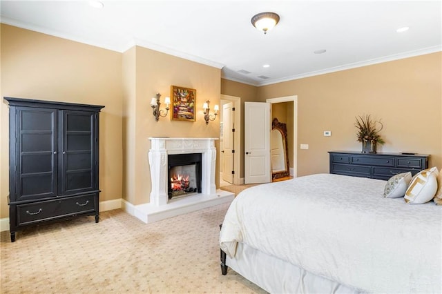 bedroom with light carpet, a high end fireplace, and ornamental molding