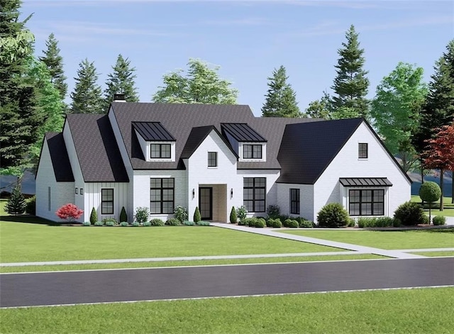 view of front of house featuring a chimney, board and batten siding, a front yard, a standing seam roof, and metal roof