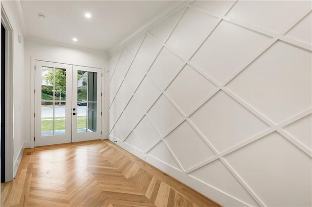 entryway with crown molding, french doors, and recessed lighting