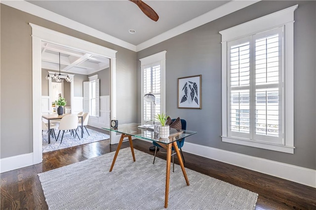 office featuring beamed ceiling, coffered ceiling, a healthy amount of sunlight, and wood finished floors