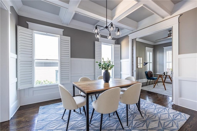 dining room with dark wood-style floors, coffered ceiling, wainscoting, beamed ceiling, and a chandelier