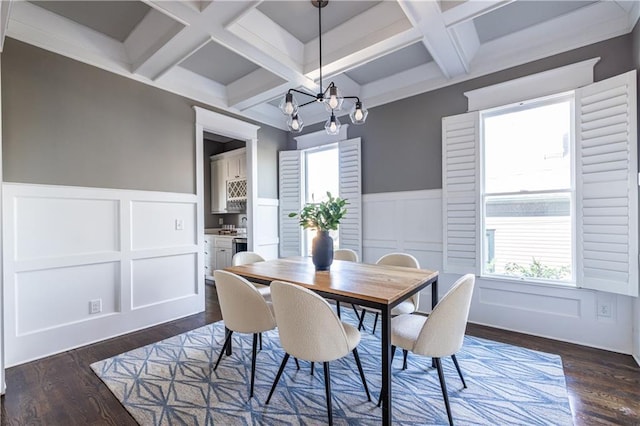 dining room featuring beamed ceiling, a notable chandelier, coffered ceiling, dark wood finished floors, and wainscoting