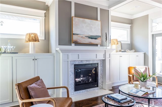 living area with wood finished floors and a fireplace