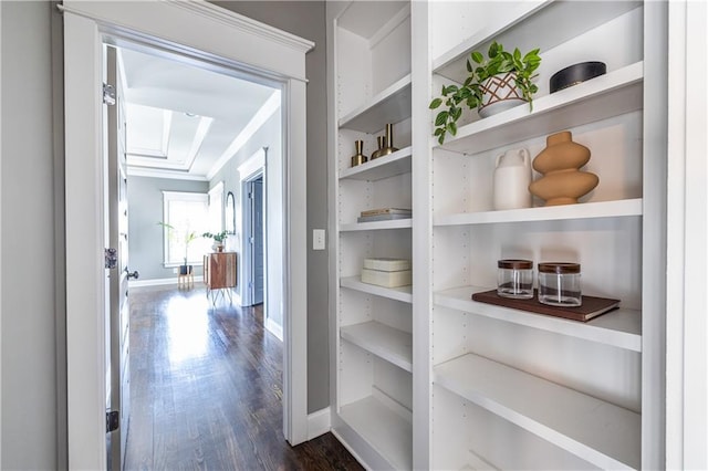 hall featuring built in shelves, dark wood-style floors, and baseboards