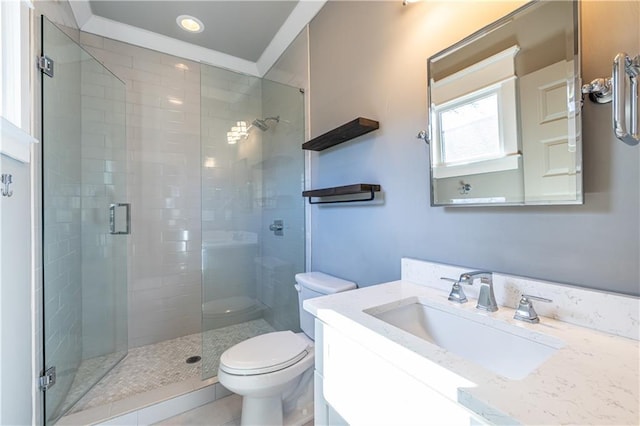 bathroom featuring a shower stall, toilet, and vanity