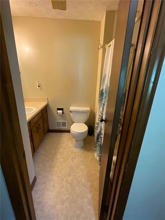 bathroom with toilet, a textured ceiling, and vanity