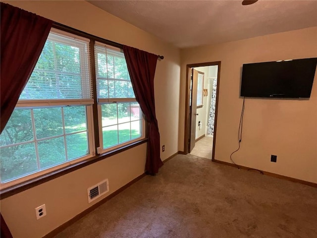 unfurnished room featuring plenty of natural light and light carpet