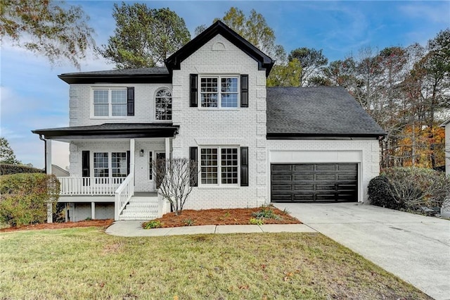 view of front of property with covered porch, a garage, and a front yard