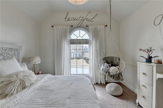 bedroom featuring lofted ceiling and carpet floors